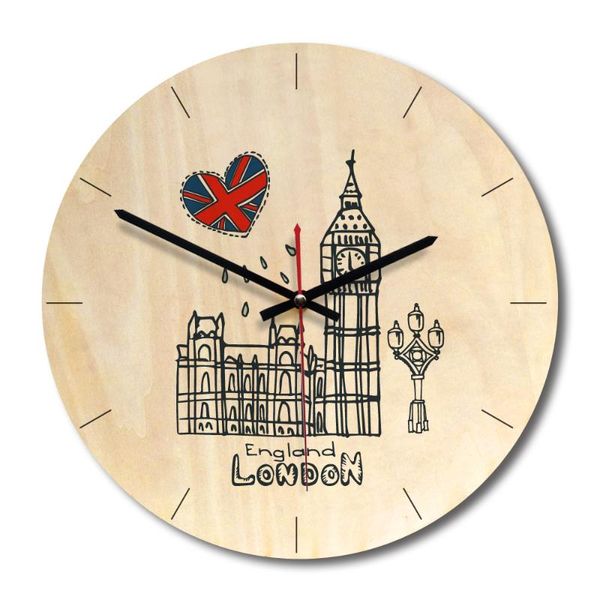

wall clocks clock wooden material uv printed red plane frameless round shape silent movement dry battery power living room decoration