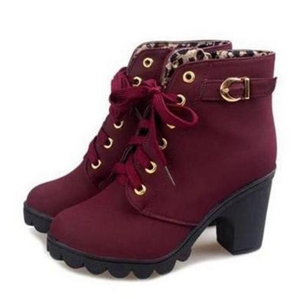 

boots women ankle high heels pumps winter autumn platform lace up casual shoes round toe fashion comfortable plus size 35-42, Black