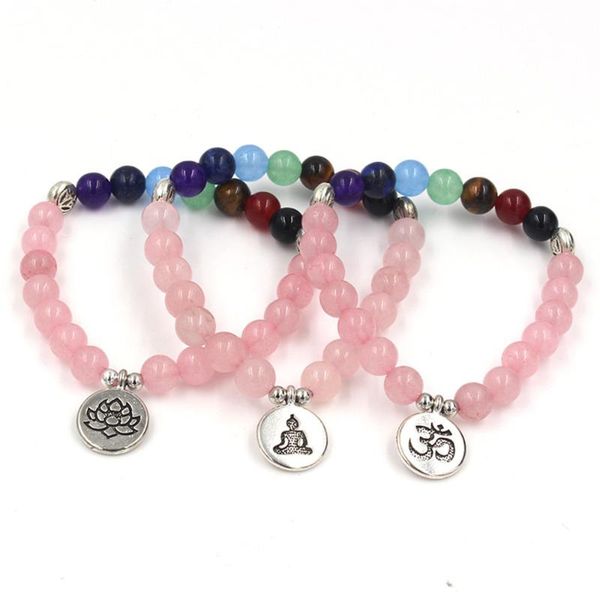 

beaded, strands 7 chakra 8mm natural pink crystal energy stone bracelet yoga lotus 3d buddha charm bracelets women meditation jewelry wholes, Black