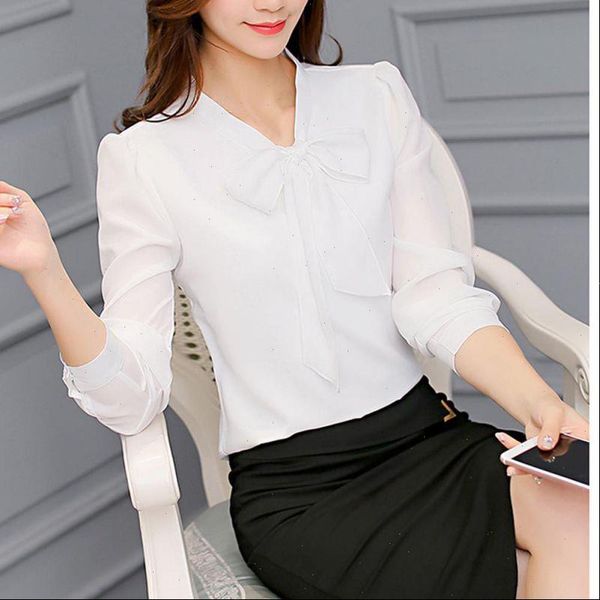 

womens clothing women bowknot chiffon blouse shirt office lady shirt casual for spring autumn, White