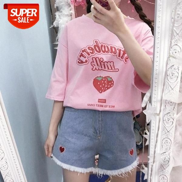 

sunfiz YF Pink Girl Series Strawberry Milk Graphic Summer Fashion Casual Tops Korean Style Girl Funny Hipster Short Sleeves #Et4I, White