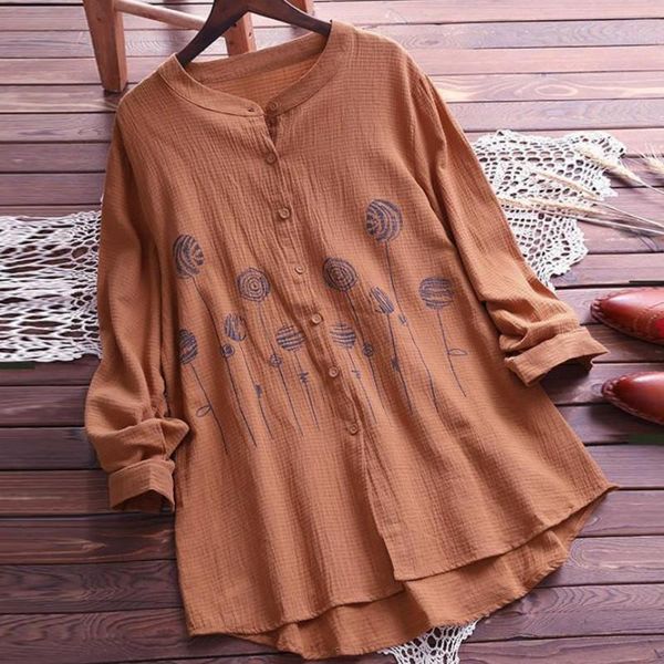 

women's blouses & shirts plus size 5xl casual blouse cotton linen long sleeve tunic loose flower print button round neck, White