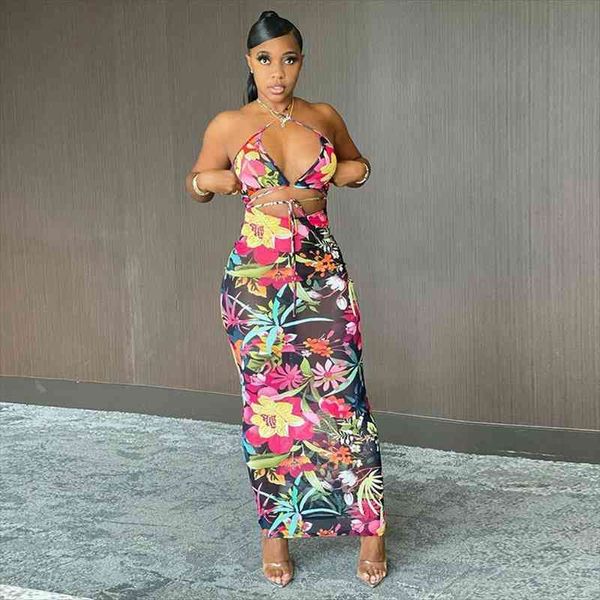 

summer flowers printed halter neck maxi bodycon dress women ladies cutout back tie up sundress club vacation, Black;gray