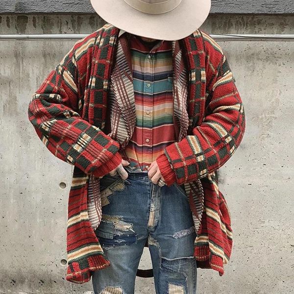 

men's sweaters autumn winter clothing fashion plaid knitted cardigan long loose large size sweater coat, White;black