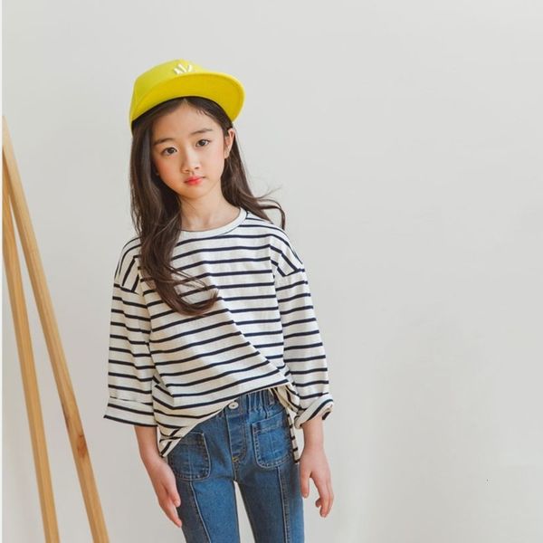 

girl's korean wear stripe t-shirt middle school children's long sleeve round neck pullover cotton base shirt ad637, Blue