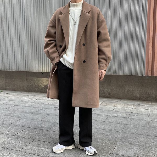 

2021 winter plus cotton thick men's warm fashion casual long men oversize woolen coat mens overcoat sfy0, Black