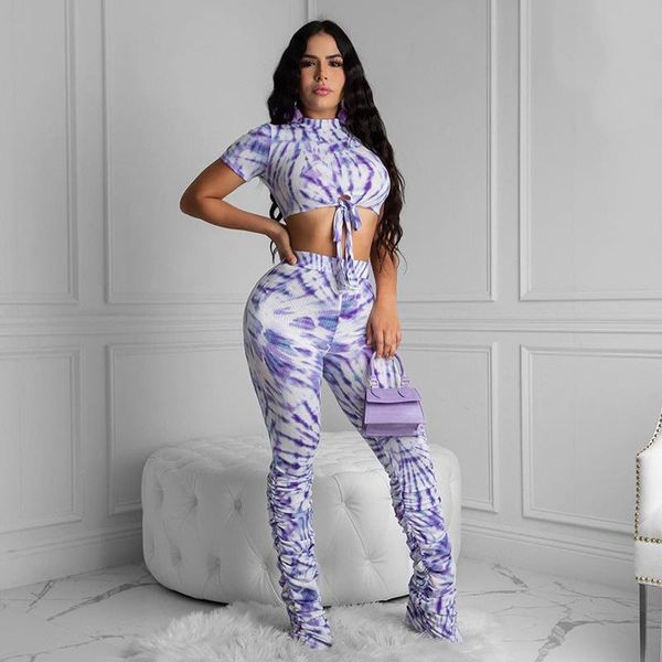 

laisiyi 2021 tie dye short sleeve crop bandage leggings 2 pieces set summer women fashion sacked pants print tracksuit, Gray