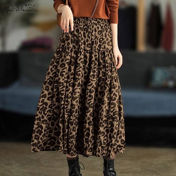

2021 new fashion women leopard printed skirts zanzea spring bohemiam elastic waist party long skirt jupe summer faldas saia vestido robe 9vz, Black