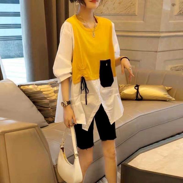 

women's t-shirt summer womens t-shirt design sense niche stitching five-point sleeves loose korean tshirt for women gt9m, White