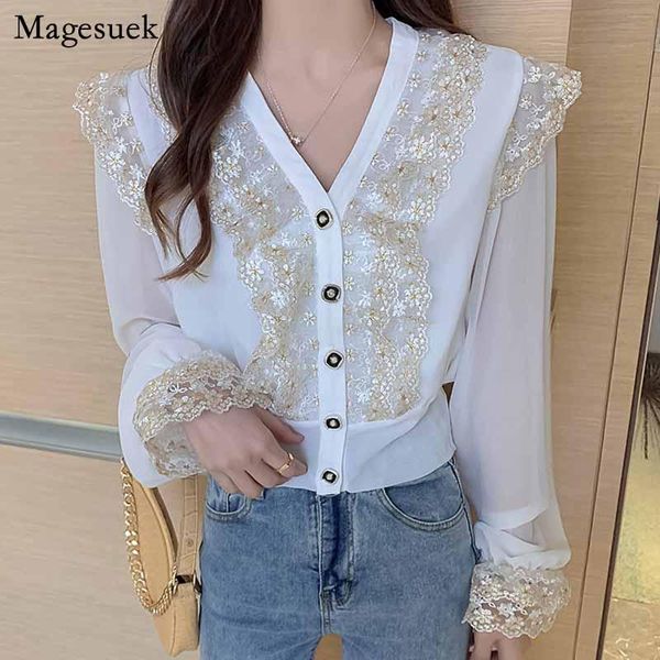 

women early autumn v-neck sweet ladies korean style lace stitching long sleeve chiffon blouse chic button shirt blusas 11300, White