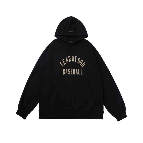 

21ss bear of god season 7 high street baseball flocking print hooded sweater, Black