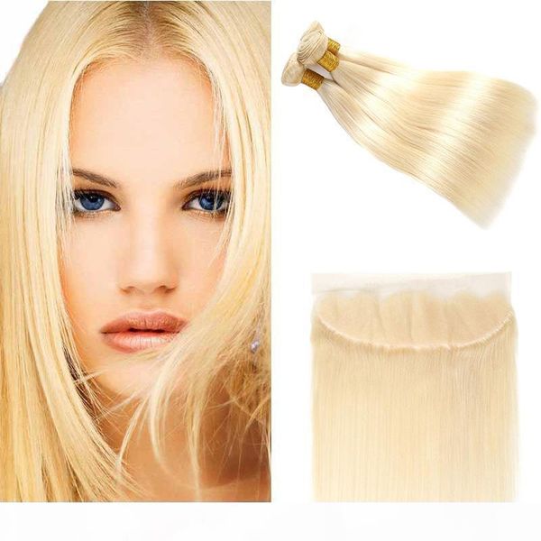 

brazilian virgin hair #613 blonde 3 bundles with frontal closure lace frontal and bundles silk straight human hair bundles and frontal, Black;brown