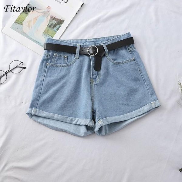 

fitaylor new women streetwear high waist wide leg blue denim shorts with belt casual female loose solid color black jeans shorts, White;black