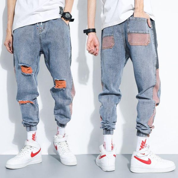 

men's jeans ripped fashion brand loose large size hip hop leisure high street harem pants overalls ankle-length, Blue