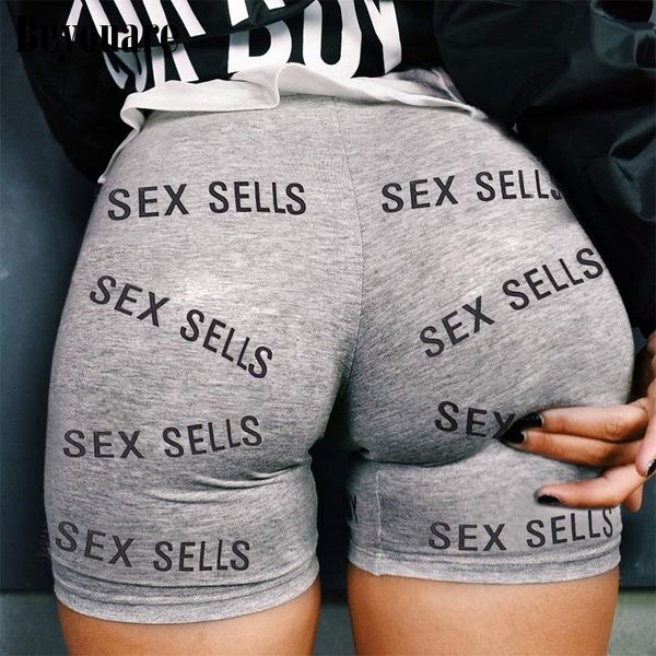 

women's shorts beyouare letter print women summer skinny elastic mid waist slim gray fitness casual female streetwear jogging, White;black