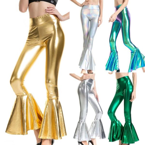 

women's pants & capris pantalones women nightclub high waist patent leather leggings solid color stage performance costume hem flared t, Black;white