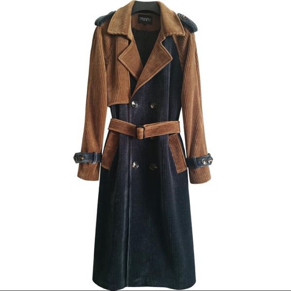 

men's trench coats mens man double breasted long coat men clothes corduroy color matching spring autumn slim overcoat sleeve, Tan;black