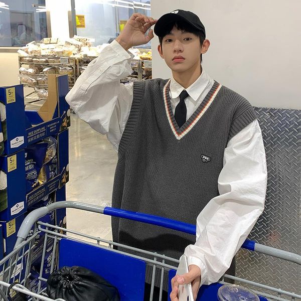 

men's vests 2021 men's bf wind loose sweater v neck vest pullover, Black;white