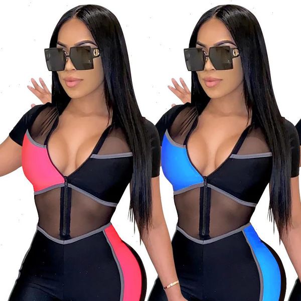 

mesh see through club jumpsuits for women zipper romper fashion short sleeve patchwork women jumpsuit clubwear, Black;white
