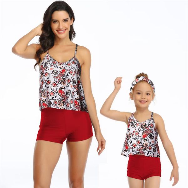 

2021 morden family matching mother cute daughter swimsuit high waist bikini swimwear girls seaside dress red green