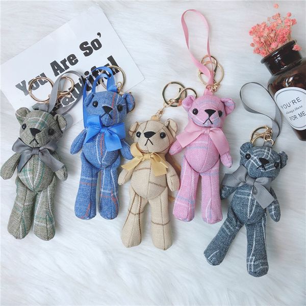 

plaid denim bear keychain cute doll schoolbag pendant girl heart, Silver