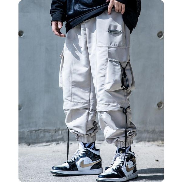 

men's pants harajuku paratrooper clothes loose trendy hip hop drawstring cargo multi-pocket overalls leggings, Black
