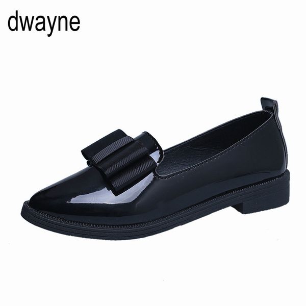 

autumn flats women shoes bowtie loafers patent leather elegant low heels slip on footwear female pointed toe thick heel 698, Black;white