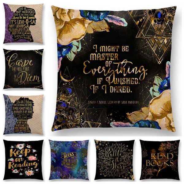 

beautiful cushion cover black golden letters reading books story text sofa throw pillowcase