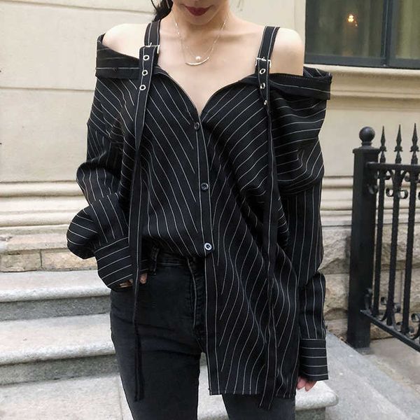 

lanmrem 2021 new fashion personality black strap vertical stripe off-shoulder long sleeve shirt female's blouse vestido ye22801 cx20061, White