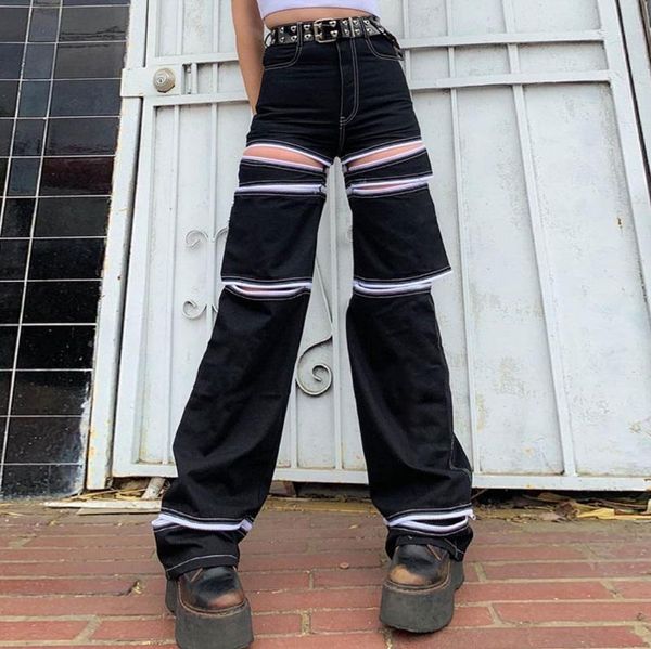 

women's pants & capris gothic cool detachable wide leg zipper splicing style trousers women summer harajuku loose streetwear, Black;white