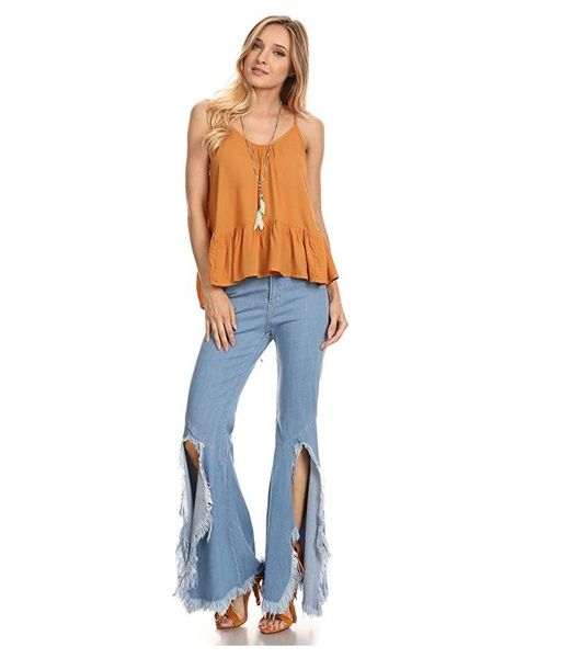 

women's jeans woman tassel high waist flare for women irregular casual pants denim fashion trousers femme, Blue