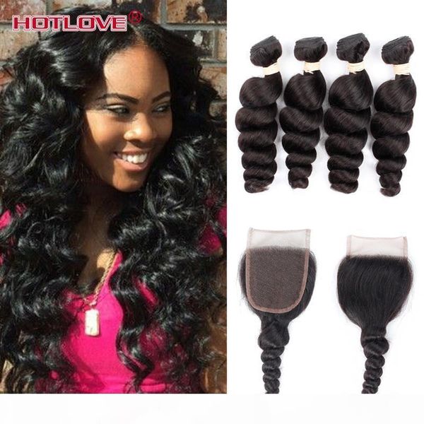 

ove brazilian loose wave with closure 4 bundles brazillian virgin hair with lace closure full loose wave human hair with closure, Black;brown