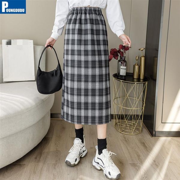 

poungdudu 2021 woman skirts for girl plaid skirt female thicken kawaii vintage split preppy style high-waist elastic office lady, Black