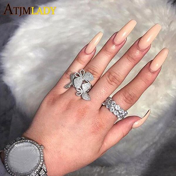 

cluster rings 2021 summer iced out hiphop luxury ring princess cut 5a cz cute butterfly charm silver color wedding finger jewelry, Golden;silver