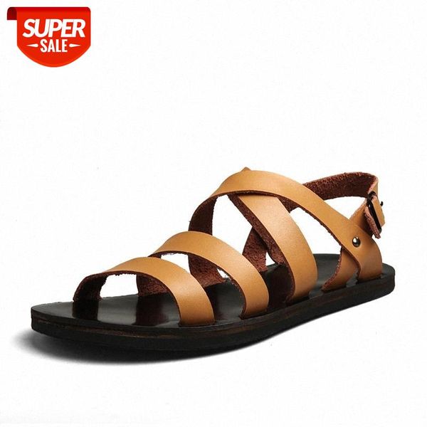 

Summer Beach Man Sandals Split Leather Buckle Strap Solid Man Slippers Fashion Leisure Breathable Men Shoes Size 38-46 #en8H, Black