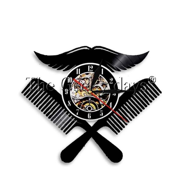 

wall clocks 1piece barber shop logo record clock hairdressing salon moustache with combs timepiece hairdresser gift