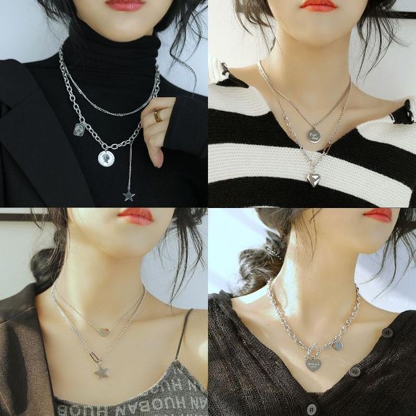 

pendant necklaces hip-hop rock double layered butterfly star heart necklace stylish cross clavicle chain sweater for men/women, Silver