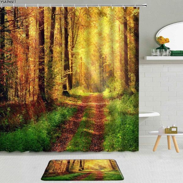 

shower curtains 2pcs autumn landscape curtain forest trees elk river bathroom hanging non-slip bath mat set washable