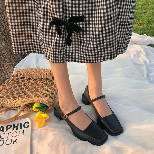 

dress shoes square head single women 2021 summer korean fashion word buckle casual wild high heels ins tide, Black