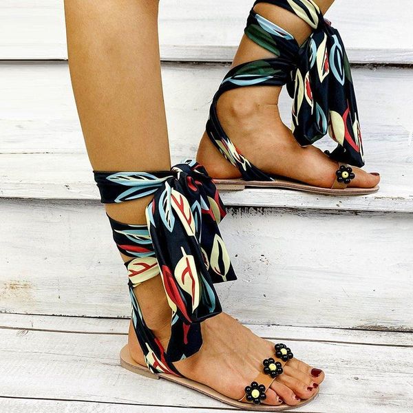 

sandals ribetrini female flower open toe flat shoes retro bohemia women ankle strap casual beach fashion vintage, Black