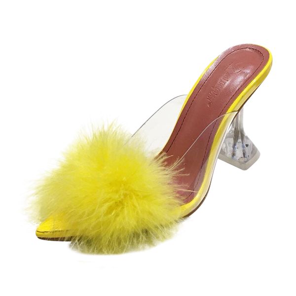 

new summer pumps women shoes sandals pvc transparent feather crystal high heels fur pointed toe mules slides furry slippers, Black