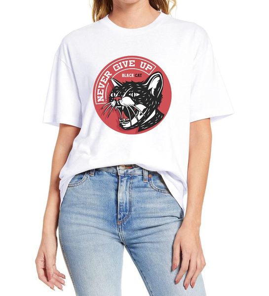 

women's t-shirt only my cat understand me less people more cats never give up black print t- shirt oversize cotton tee, White