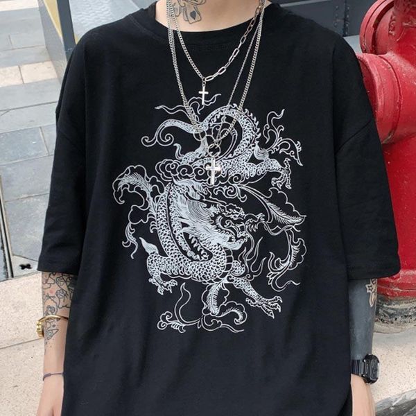 

harajuku short-sleeved t-shirt ins dragon print loose dropshipping streetwear shirt vintage gothic stranger things mesh top, White