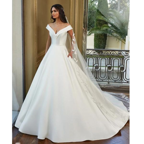 

other wedding dresses boho simlple lustrous satin bridal gown 2021 boat neck v-neck bride dress vestido de novia court train, White