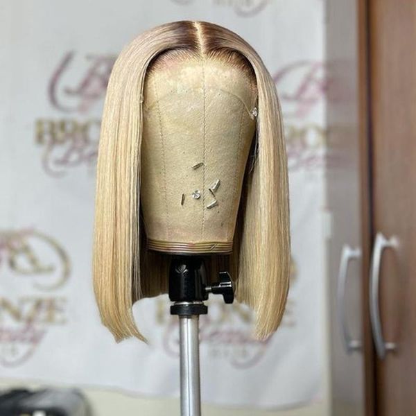 

lace wigs short bob remy ombre blonde straight transparent brazilian human hair 13x4lace front wig for black women babyhair preplucked 613, Black;brown