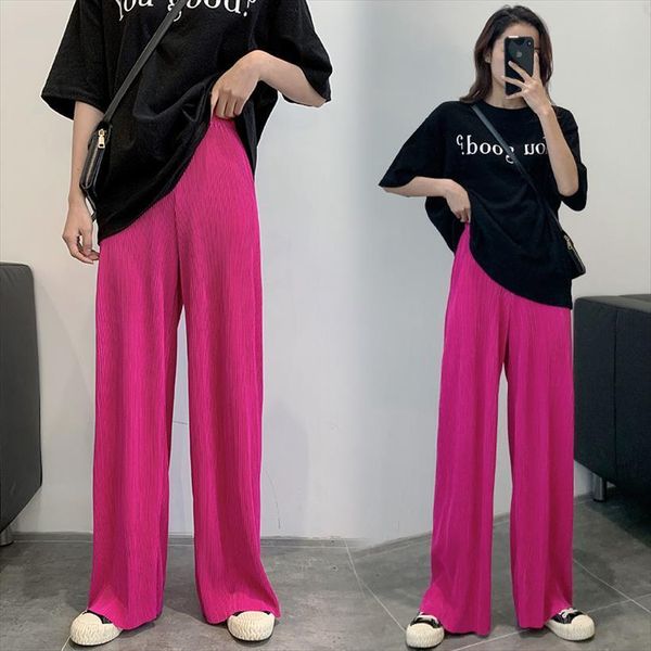 

vintage high waist straight womens pants casual wide leg summer korean rose red blue chiffon trousers multicolor, Black;white