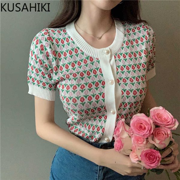 

kusahiki korean floral knitted cardigan summer short sleeve o-neck women knitwear causal chic slim knitted 6h571 210602, White