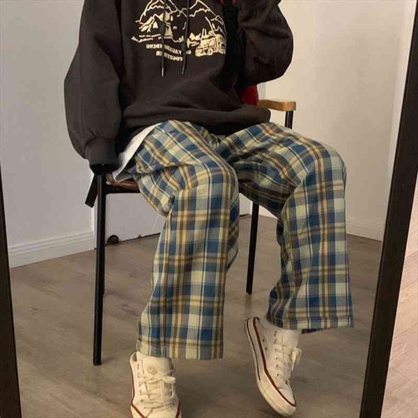 

harajuku loose plaid pants women autumn oversized wide leg trousers female korean high waist checkered pants for woman, Black;white