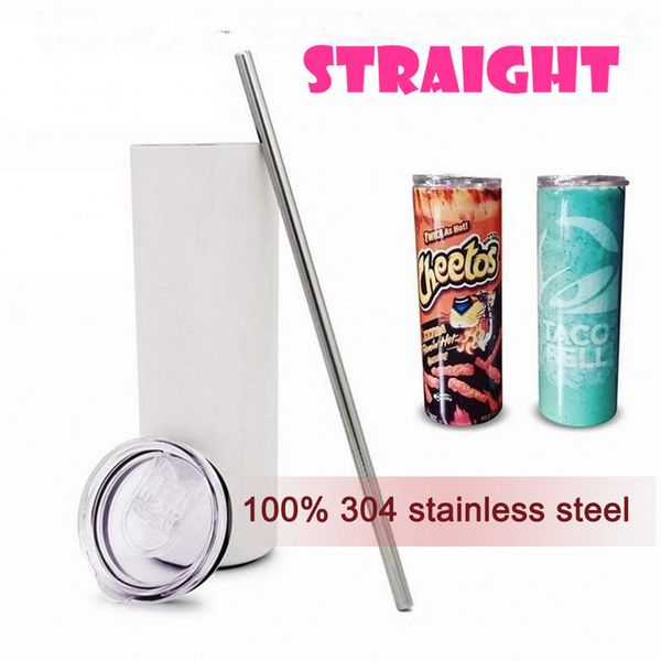

us stock 20oz sublimation straight tumblers with straw 100% 304 stainless steel water bottles double insulated cups mugs white
