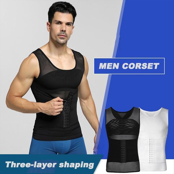 

men slimming shaper abdomen girdle corset vest seamless breathable tummy control male tank, White;black